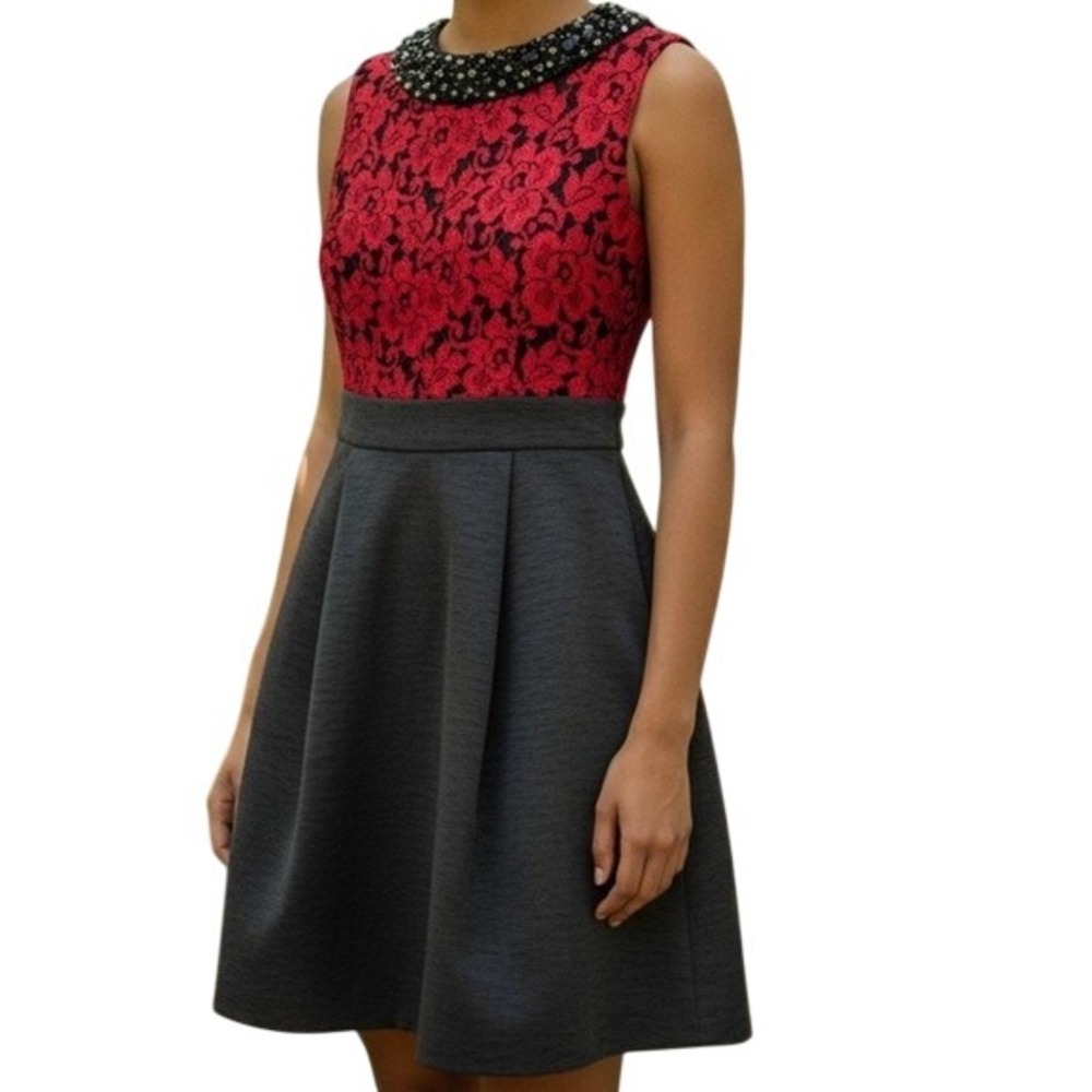 Eliza J Sz 4P Red/Blk Floral Dress Beaded Collar Lace Fit and Flare